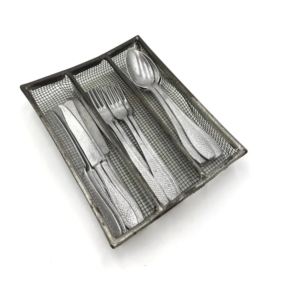 Vintage‎ German Dollhouse Metal Flatware Set – 18 Pieces + Wire Tray